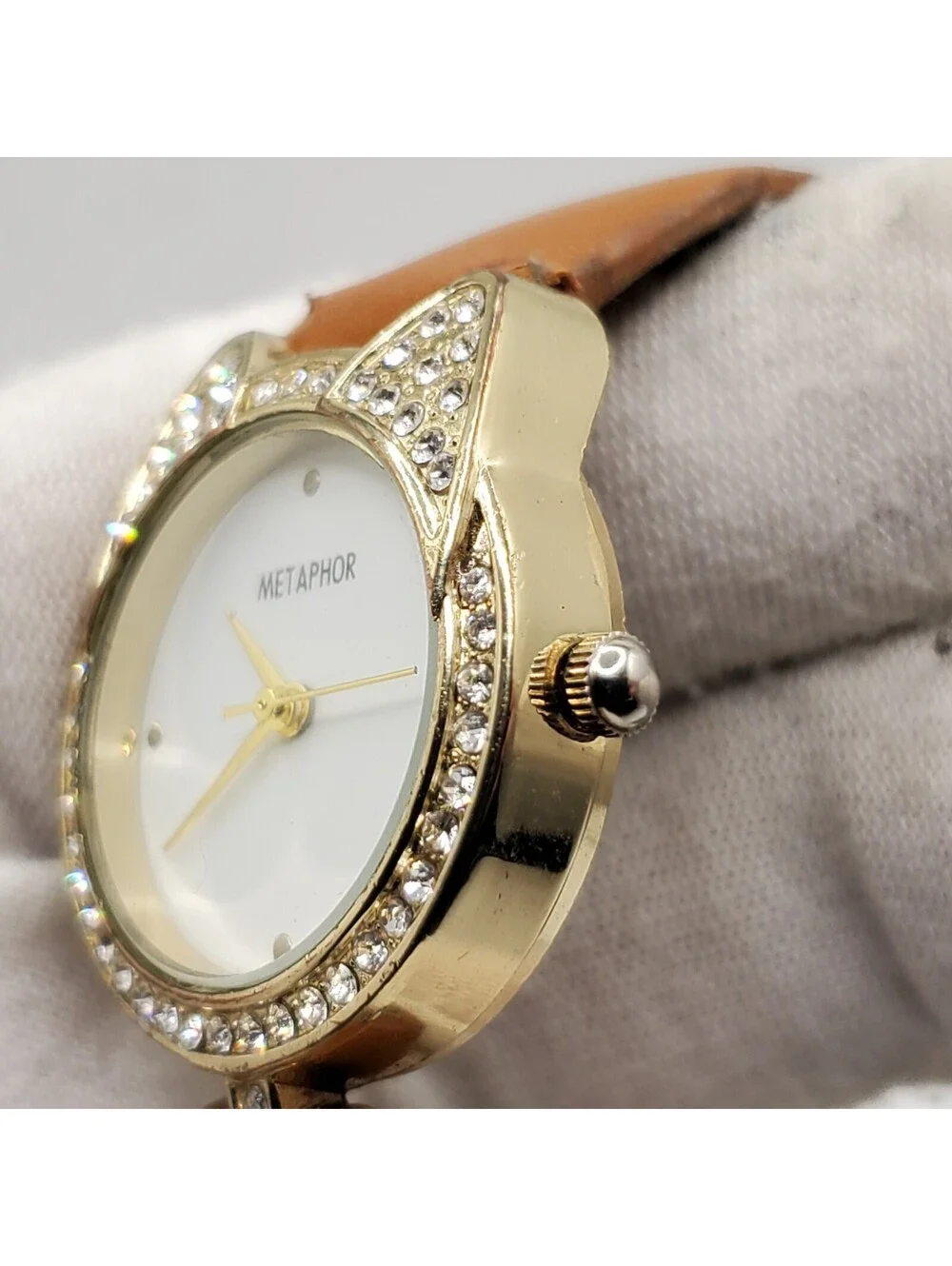 Metaphor Rhinestone Quartz Watch Women 26mm Gold Tone Brown Band New Battery